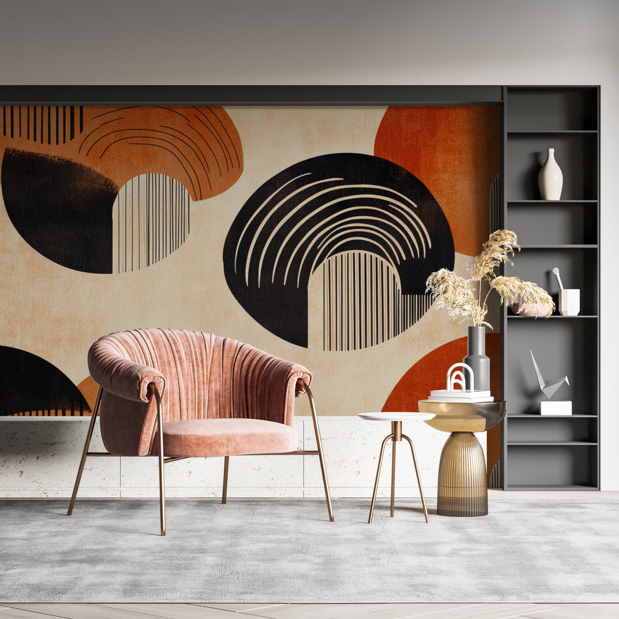 Modern home office featuring geometric wallpaper with black and terracotta design