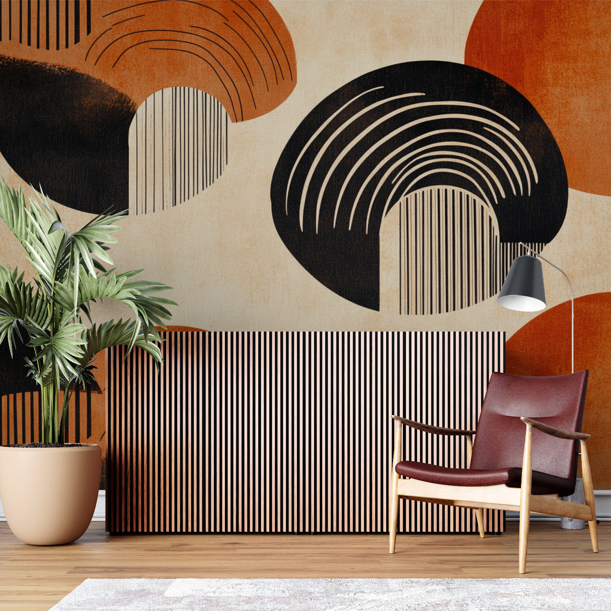 Abstract wall mural creating focal point in contemporary bedroom