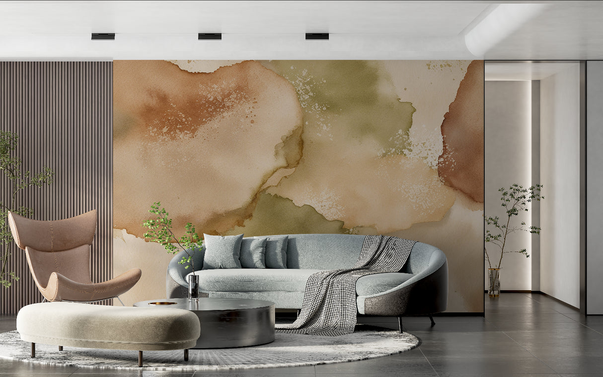 Abstract watercolor wallpaper in modern minimalist living room, showing beige and olive tones creating depth