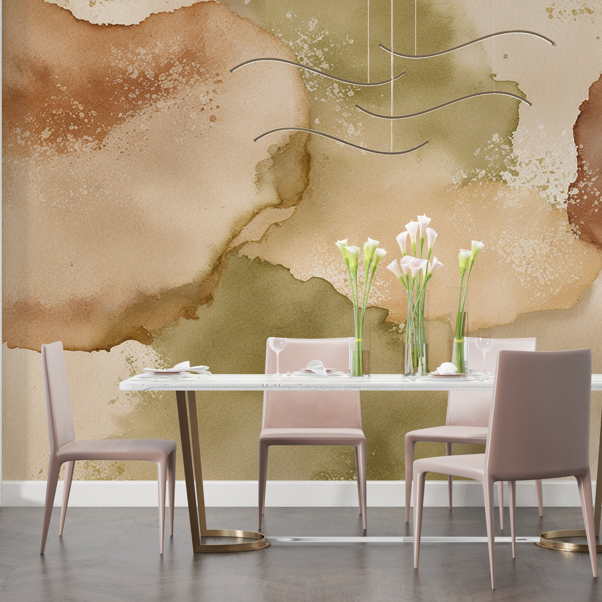 Watercolor abstract mural in bright dining room setting with contemporary furniture