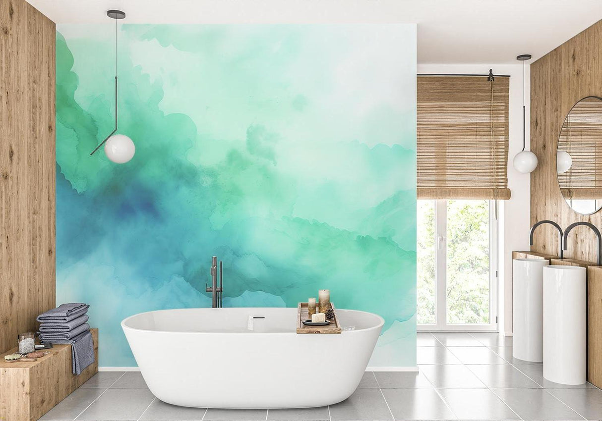 Watercolor cloud wallpaper creating a serene atmosphere in a modern living room with minimal furniture