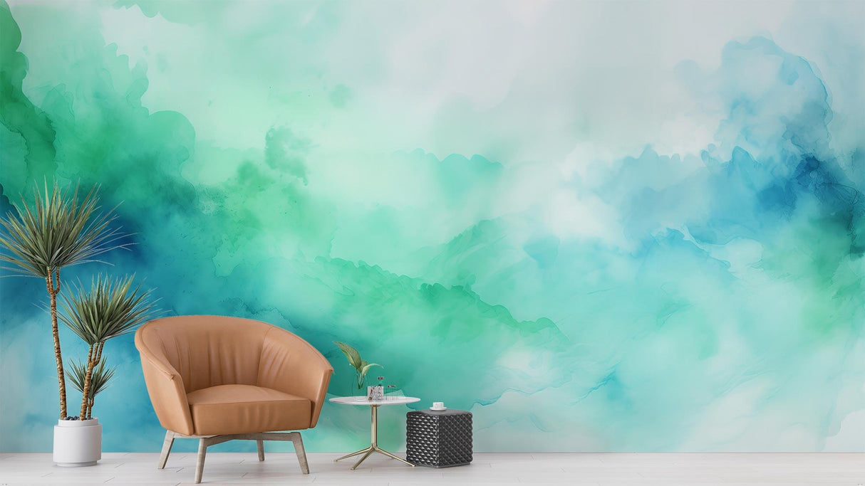 Abstract watercolor mural bringing calm to a bright bedroom with natural light