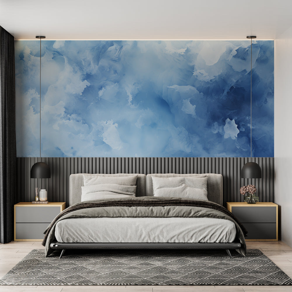 Blue watercolor cloud wallpaper in modern living room creating serene atmosphere