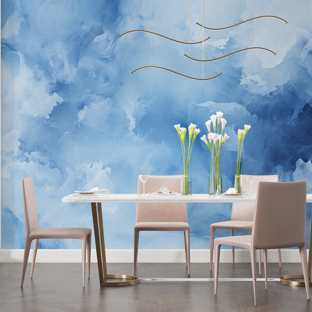 Watercolor cloud mural in master bedroom showing floating blue patterns