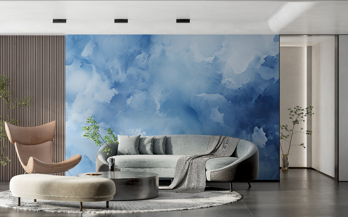 Abstract blue cloud wallpaper in home office space with natural lighting