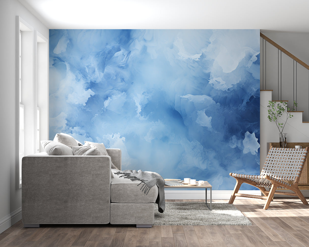 Blue abstract watercolor mural in dining room with contemporary furniture