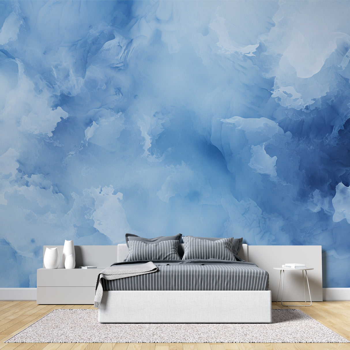 Watercolor wall mural in meditation room showing gentle blue tones