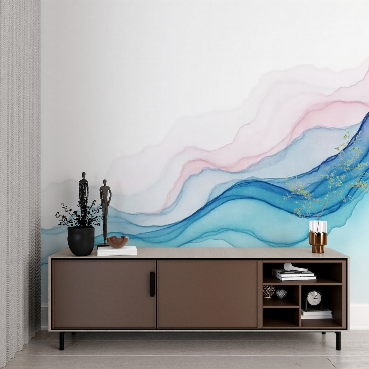 Modern living room featuring Blue Pink Watercolor Wave Mural, showing how abstract wallpaper creates depth