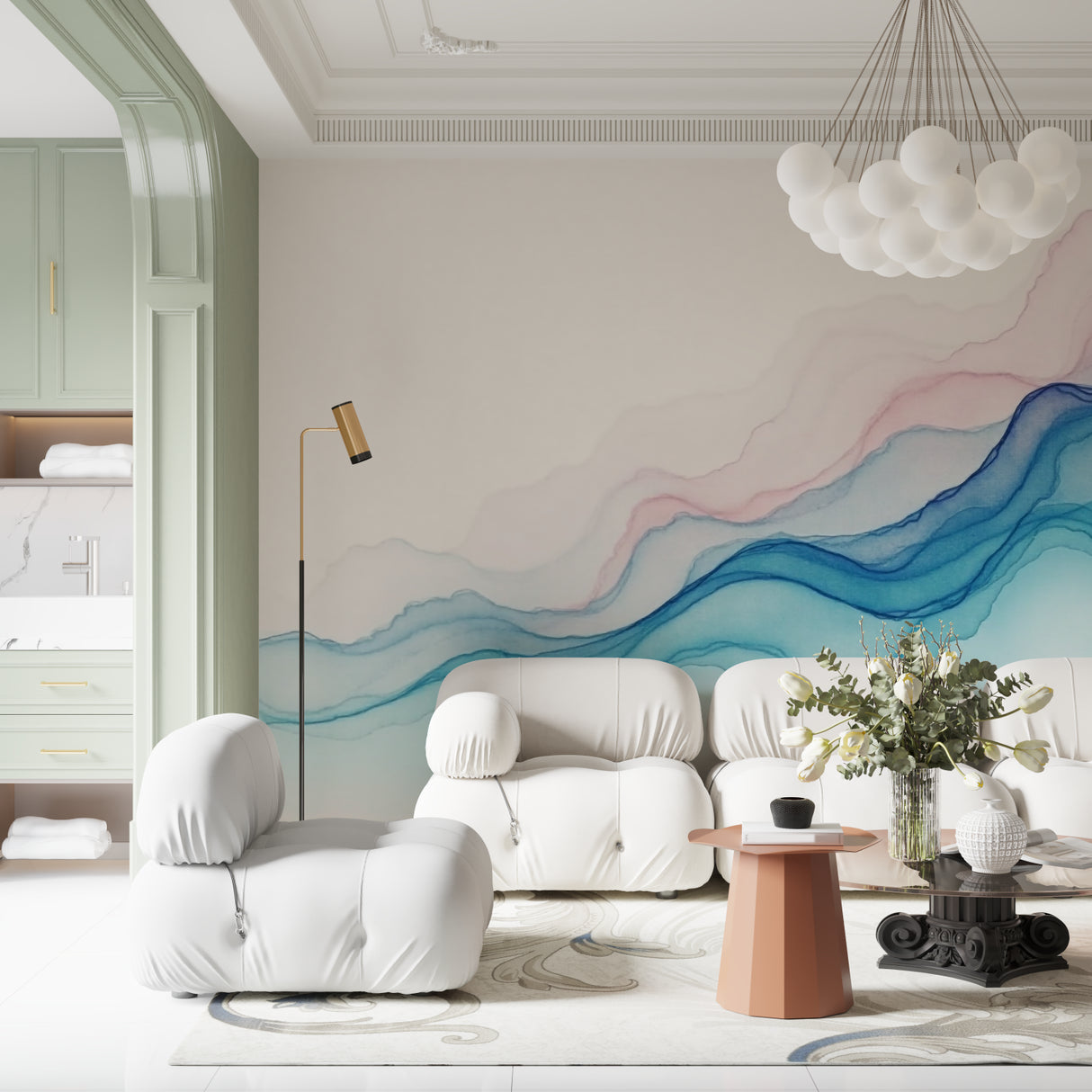Master bedroom with Abstract Watercolor Mural, soft morning light highlighting blue and pink tones