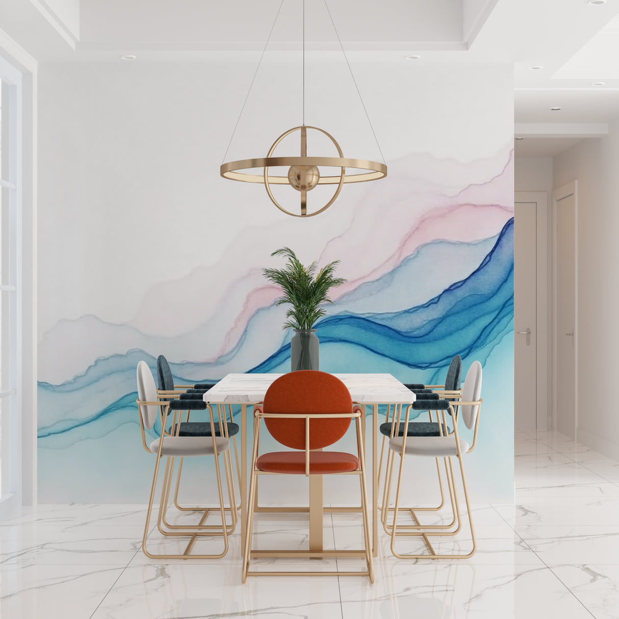 Home office space with Watercolor Wave Wallpaper creating a calm work environment