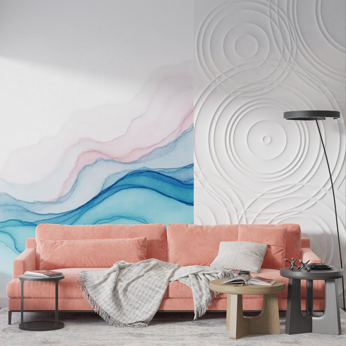Dining room showcasing Abstract Wave Mural, golden accents catching evening light