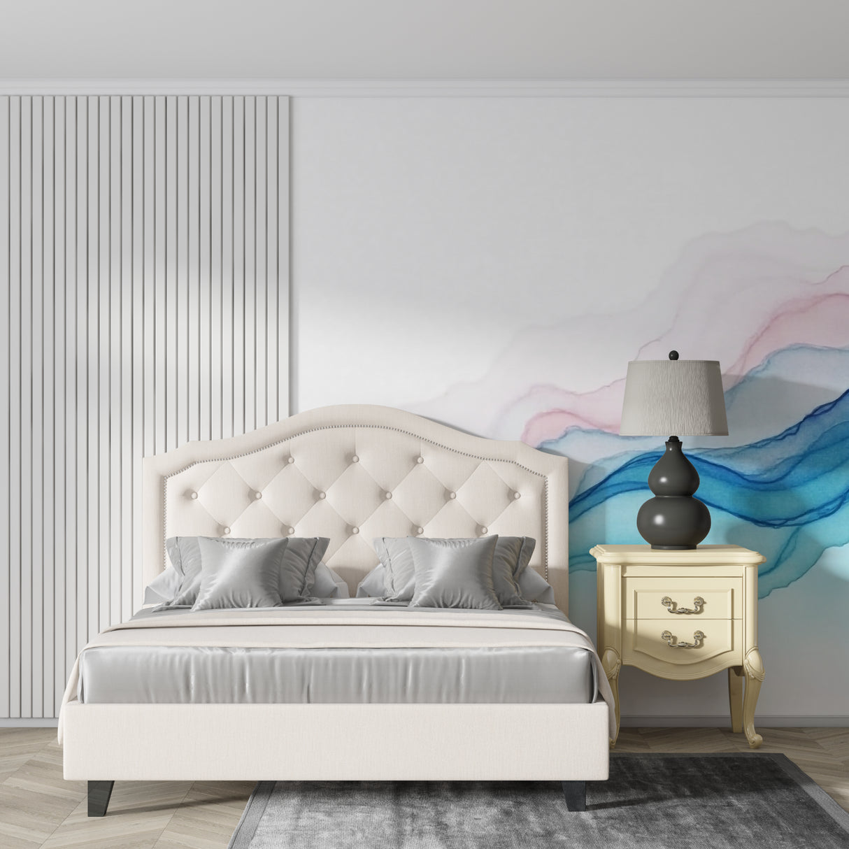 Contemporary bathroom with Blue Pink Wave Wallpaper adding spa-like feeling