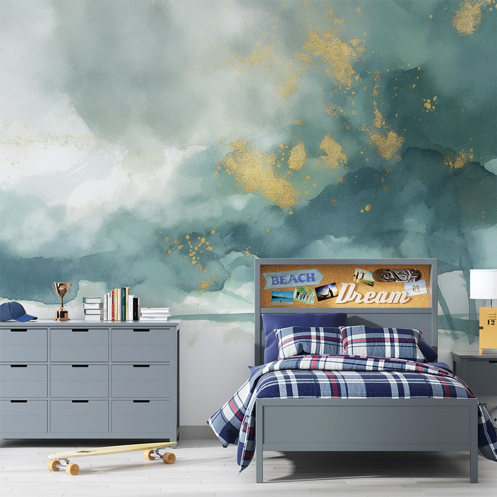 Watercolor cloud wallpaper with gold accents in a bright modern living room creating an airy atmosphere