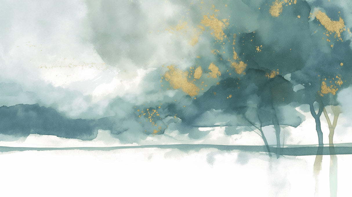 Abstract gold and seafoam green watercolor mural in a peaceful bedroom setting