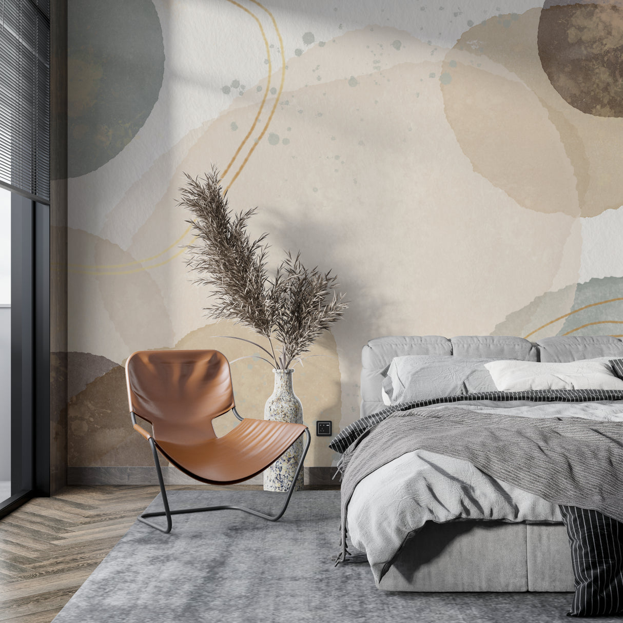 Abstract watercolor wallpaper in earth tones creating a peaceful living room atmosphere with modern furniture