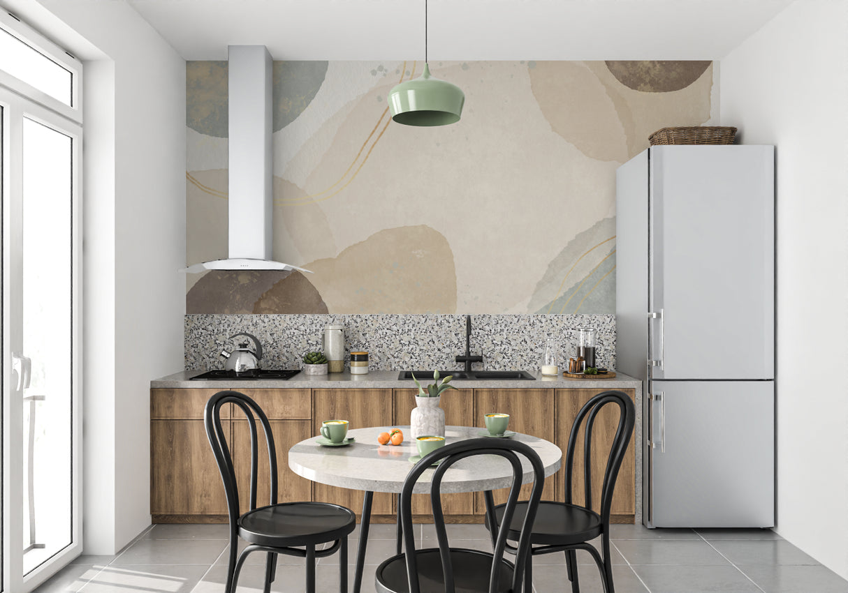 Minimalist dining room featuring earth tone abstract wallpaper with warm lighting