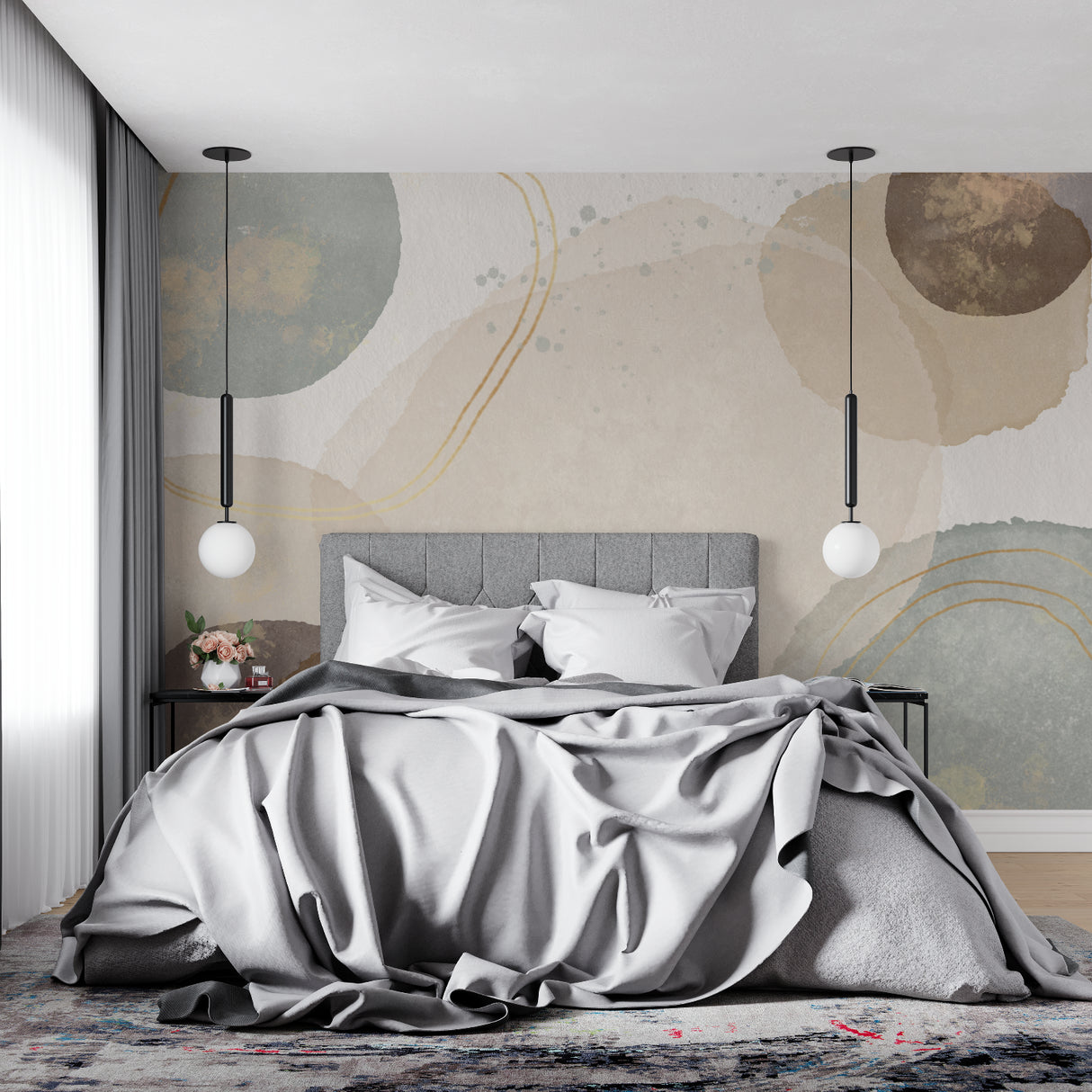 Master bedroom with earth tone abstract wallpaper creating a serene environment