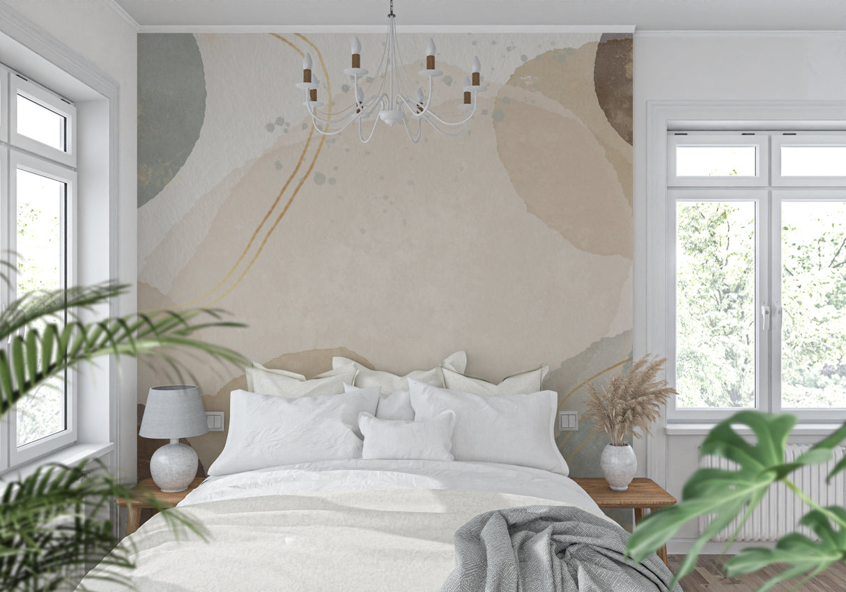 Modern entryway featuring watercolor abstract wallpaper in neutral earth tones