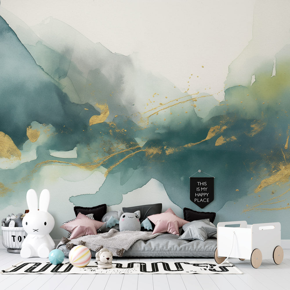 Abstract green and gold watercolor wallpaper creating a stunning backdrop in a modern living room