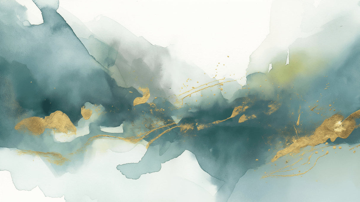 Green and gold abstract mural wallpaper featured in a bright dining room setting