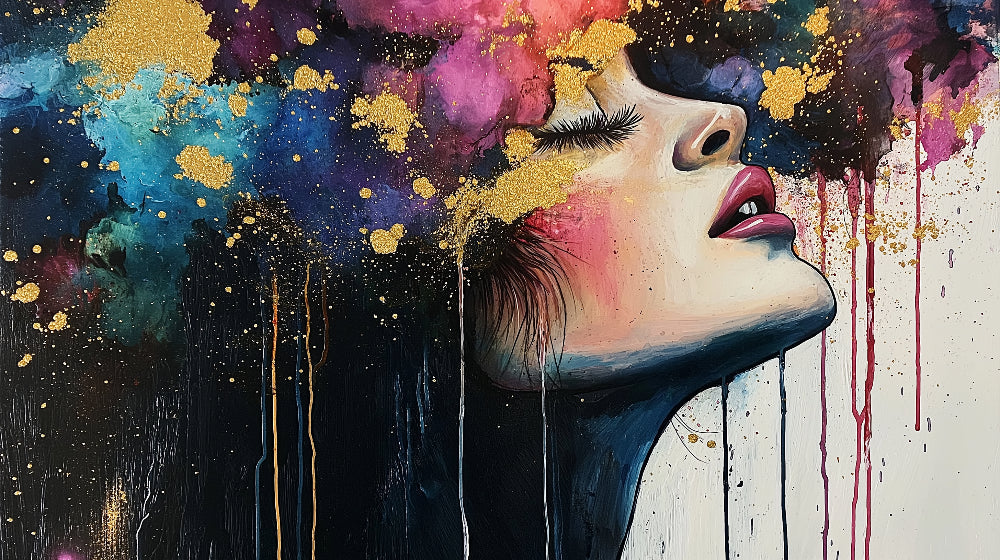 Watercolor portrait wallpaper design file showing intricate gold splatter details on deep background