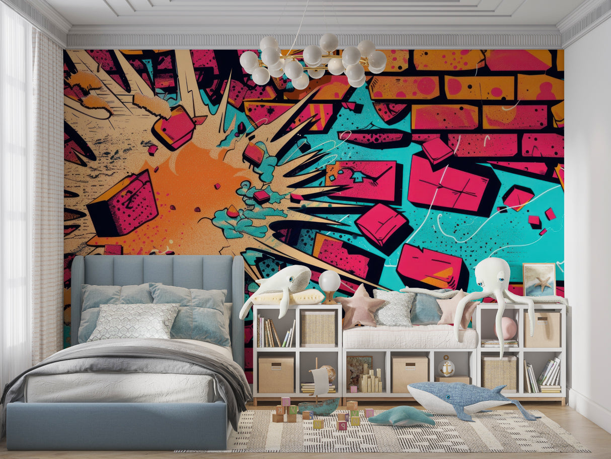 Watercolor abstract wall mural showcased in minimalist home office space