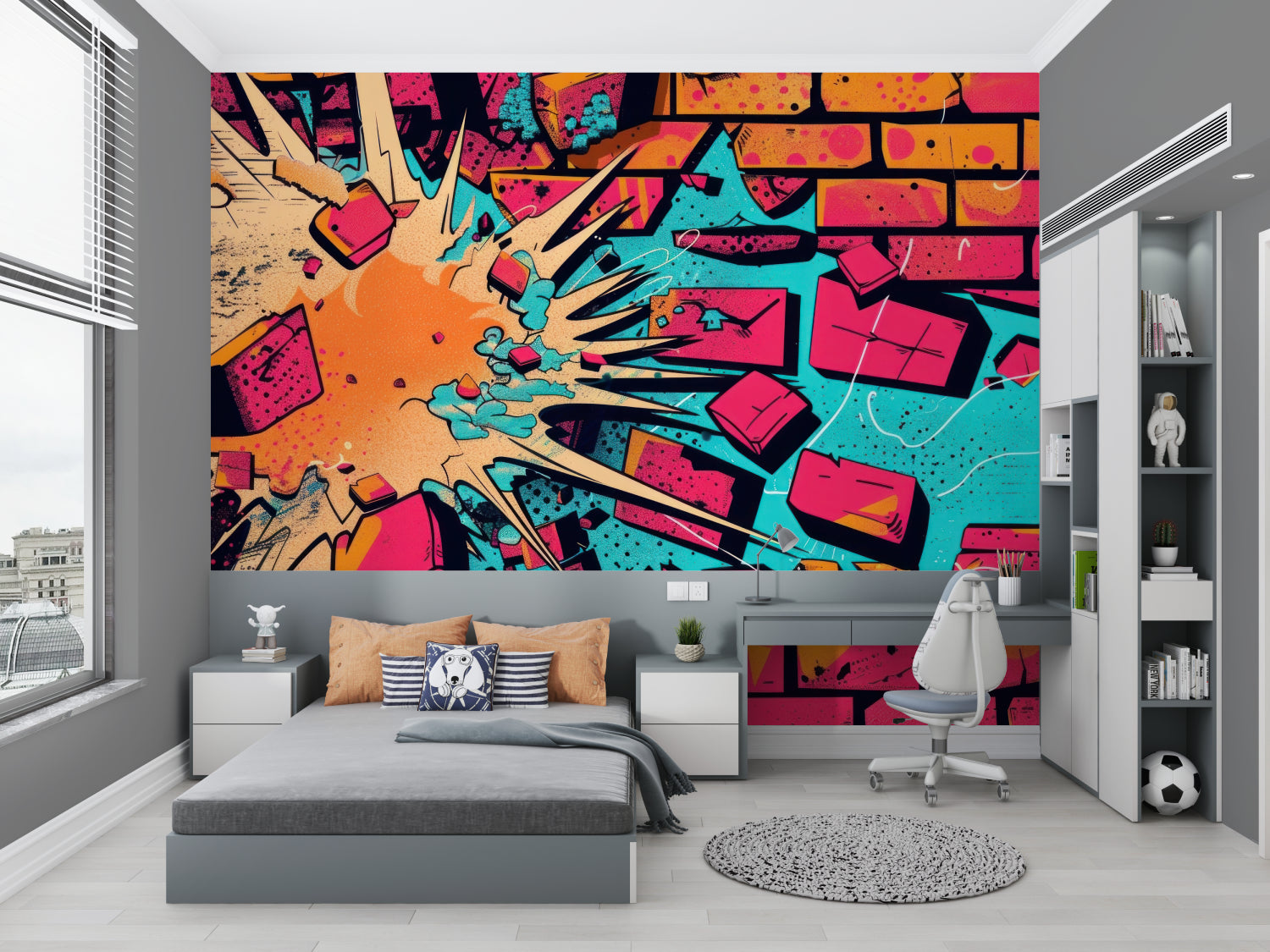 Purple and blue abstract wallpaper creating focal point in bedroom setting