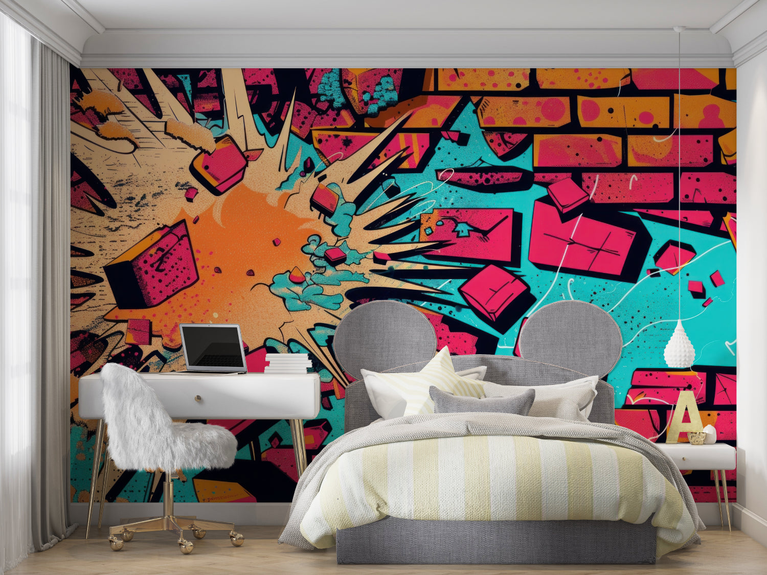 Modern abstract mural displayed in contemporary dining room