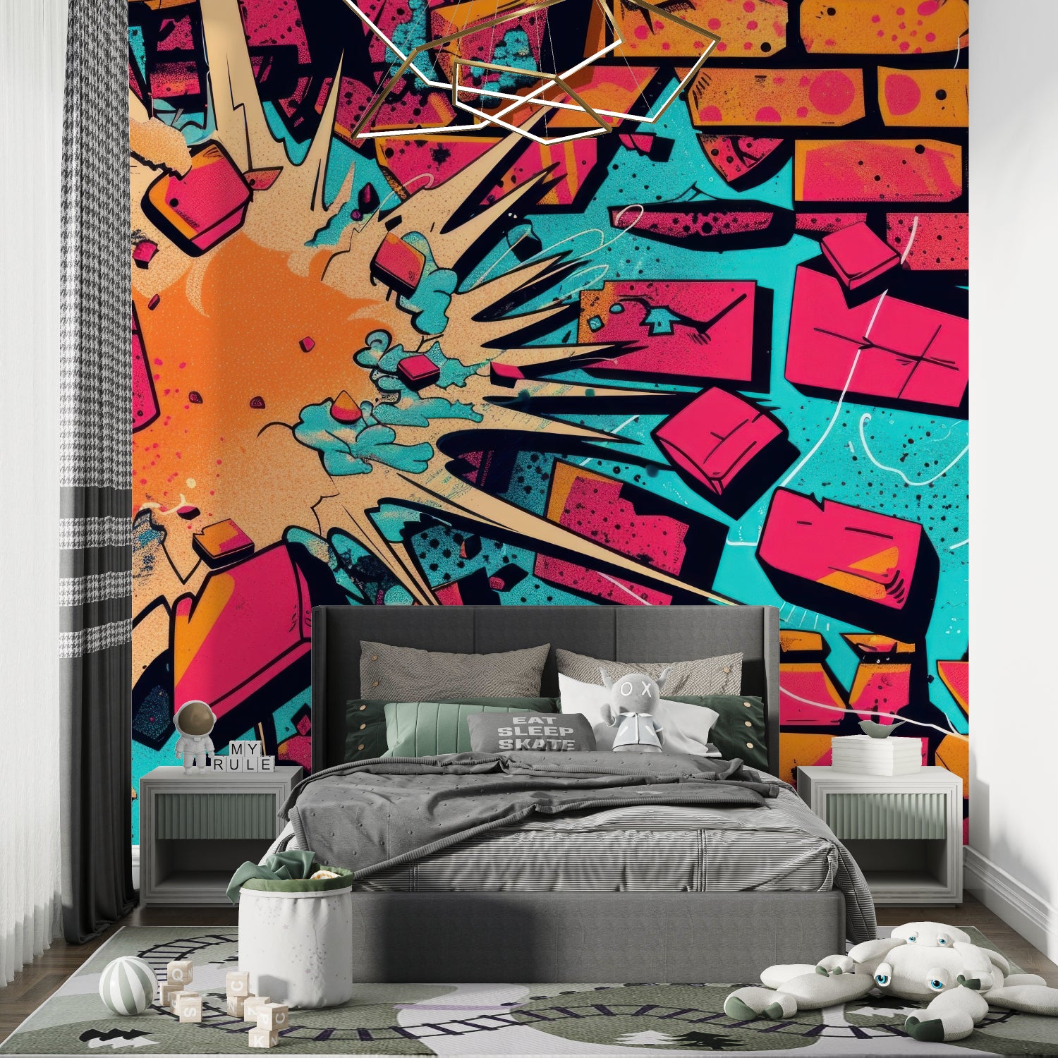 Artistic watercolor wallpaper bringing color to neutral hallway