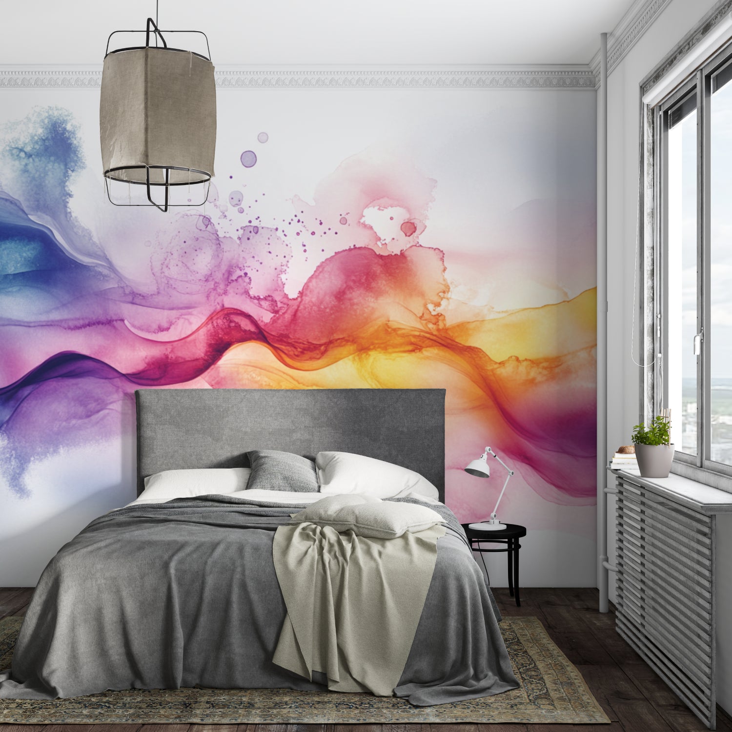 Rainbow watercolor wallpaper in modern living room creating artistic focal point with flowing colors