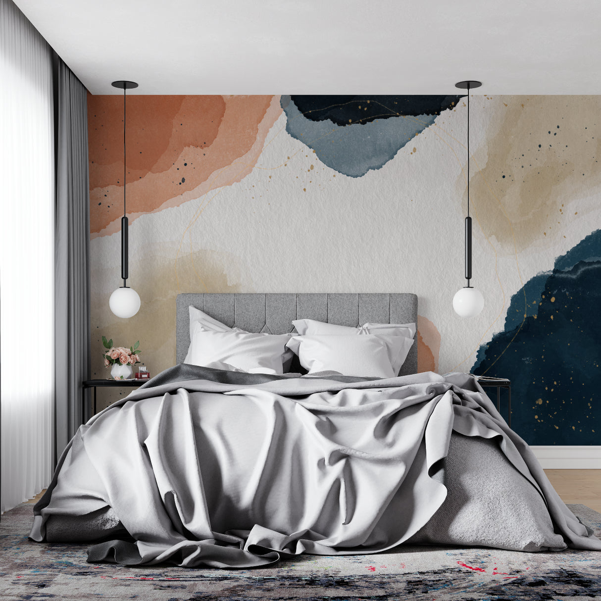 Abstract watercolor mural in modern living room showing flowing terracotta and navy tones