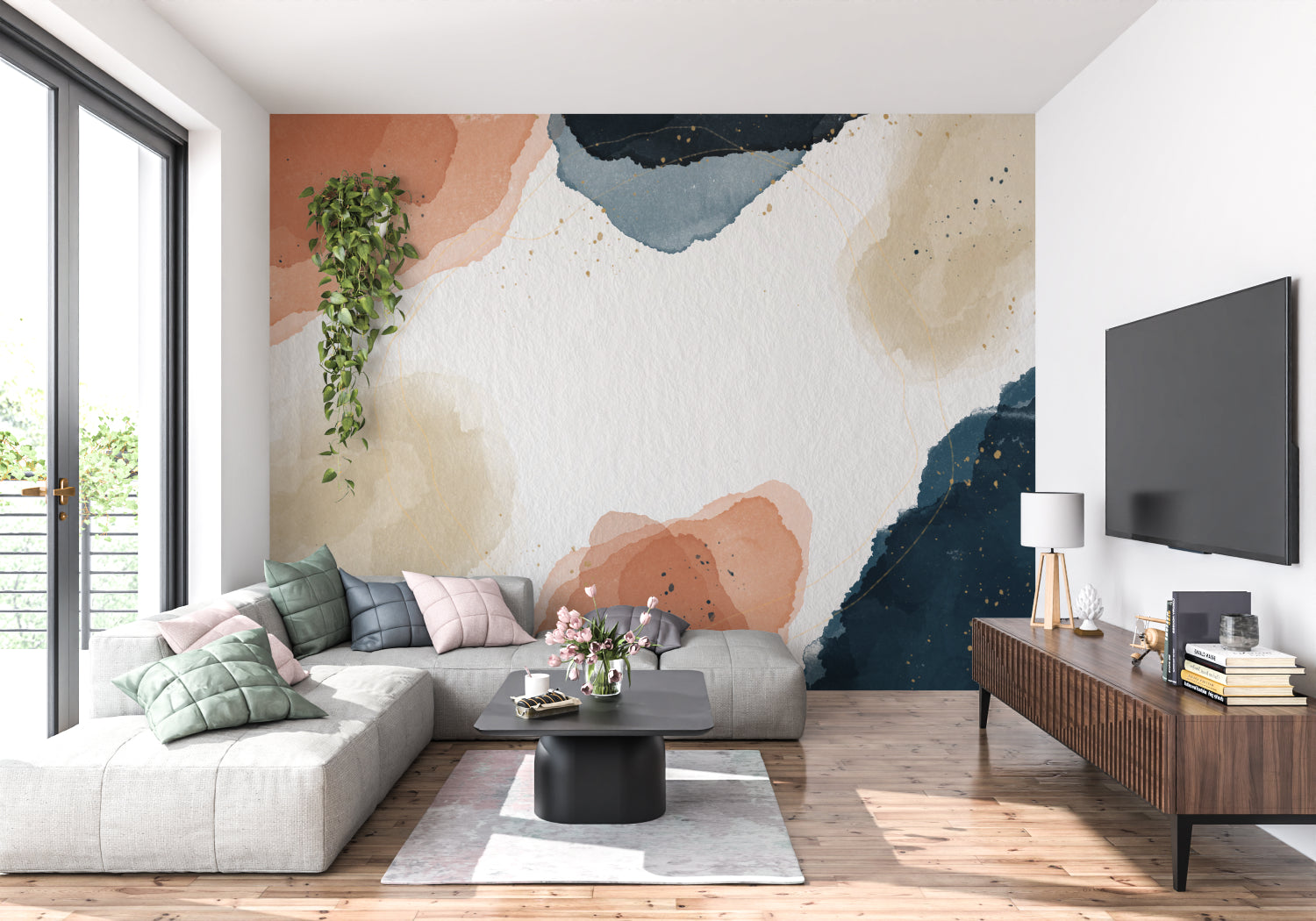 Watercolor splash wallpaper creating calm atmosphere in master bedroom