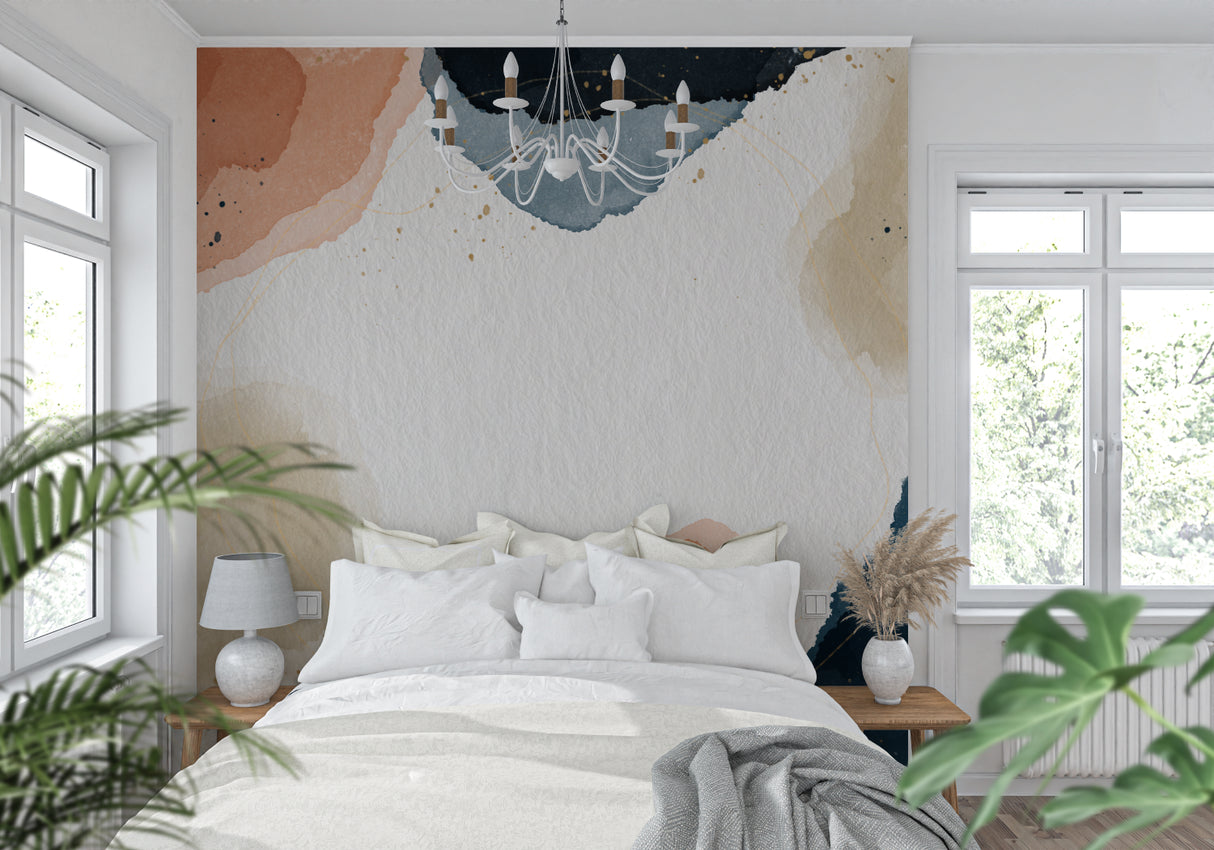 Modern dining room featuring abstract watercolor wallpaper in navy and terracotta