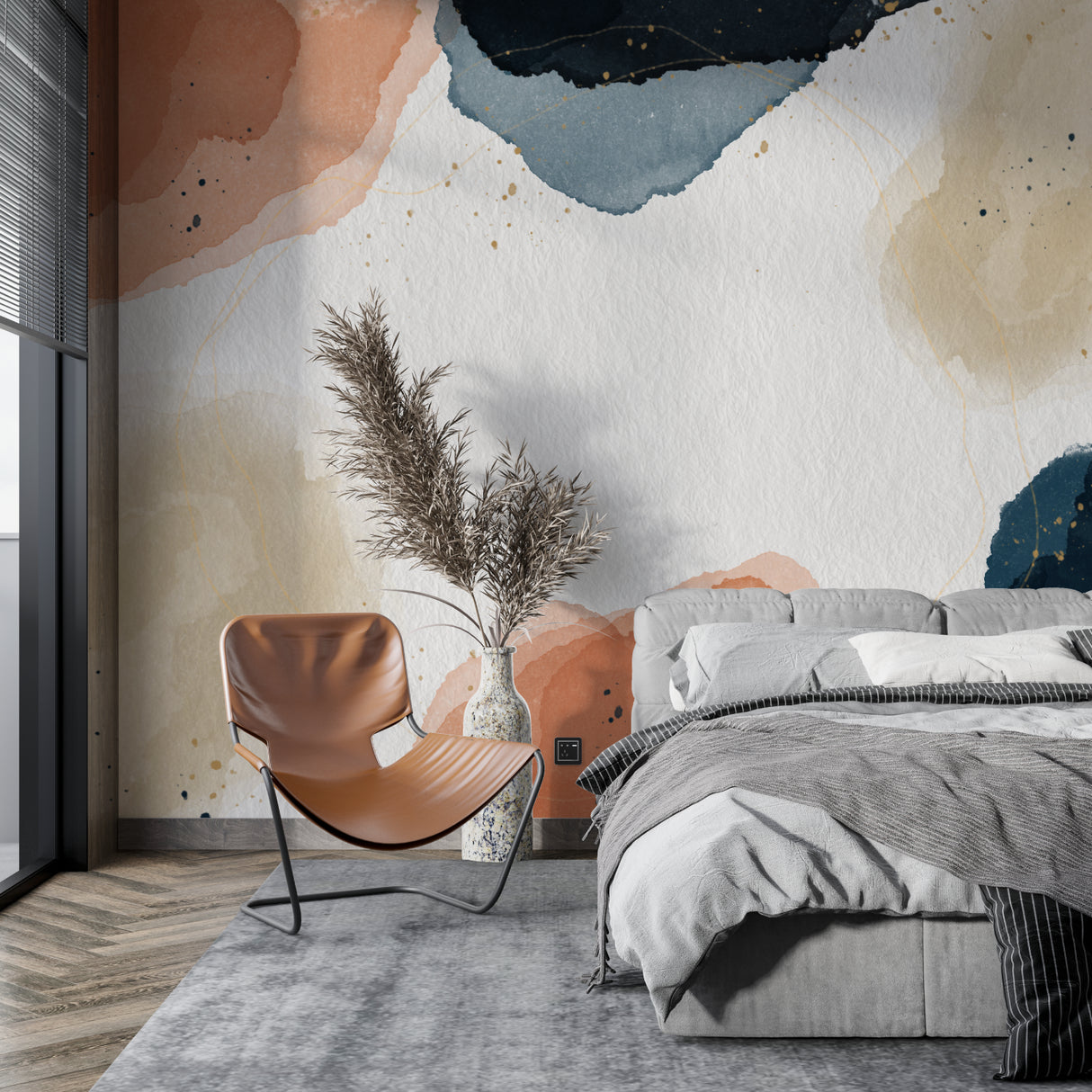 Contemporary hallway showcasing watercolor abstract mural in soft evening light