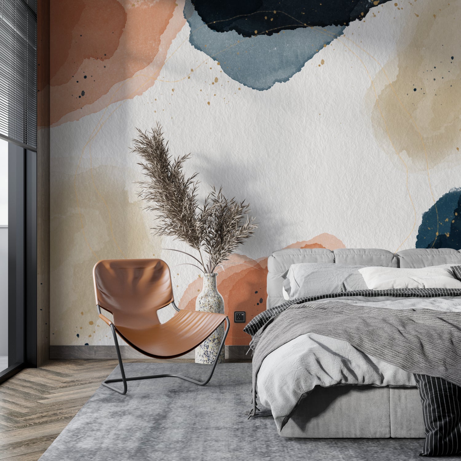 Contemporary hallway showcasing watercolor abstract mural in soft evening light