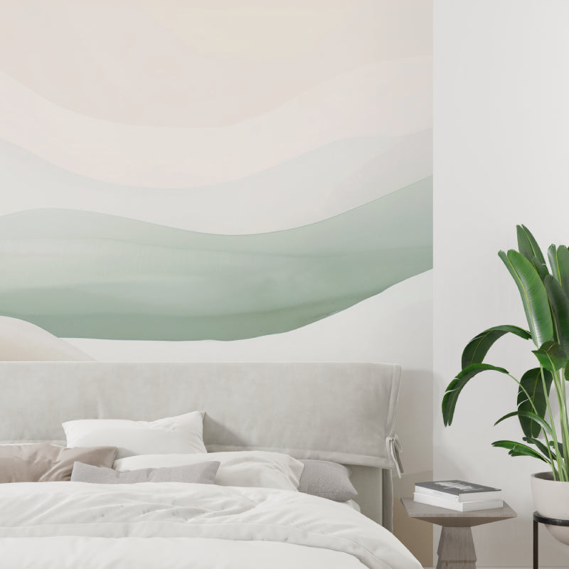 Abstract sage green wallpaper mural in modern living room with minimalist furniture