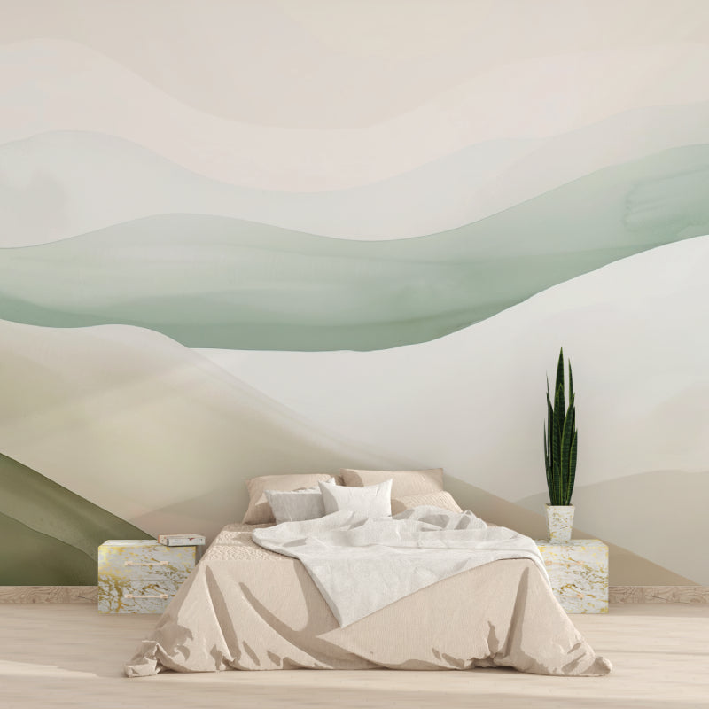 Watercolor wave wallpaper creating serene atmosphere in master bedroom