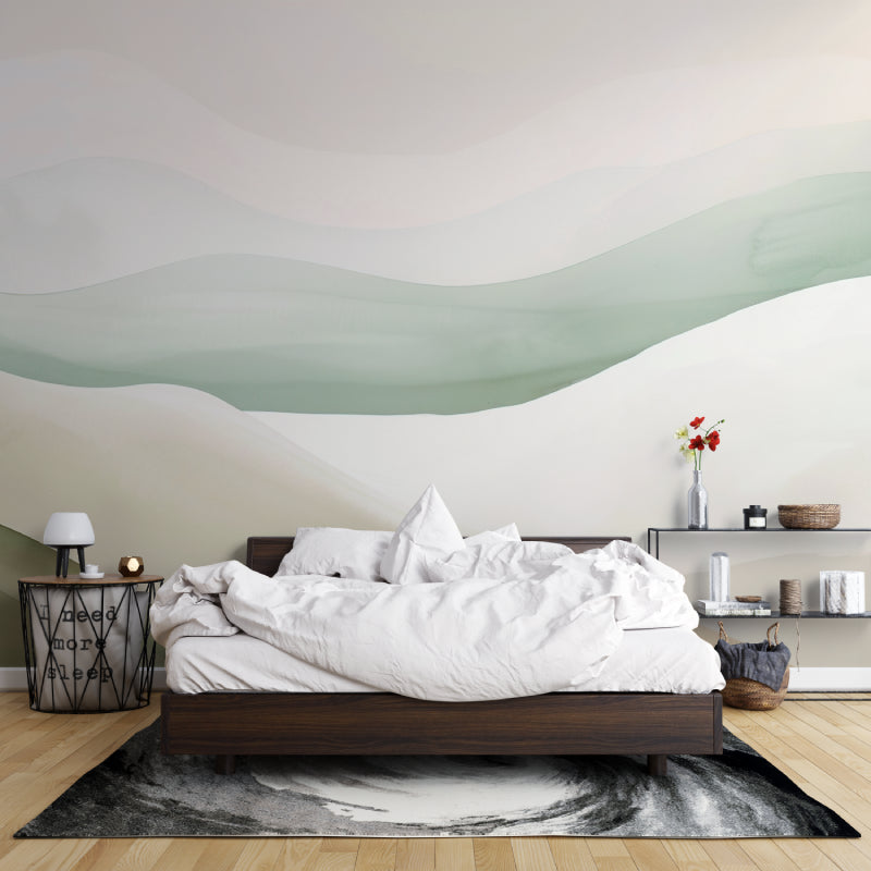 Sage green abstract wall mural in home office with natural light