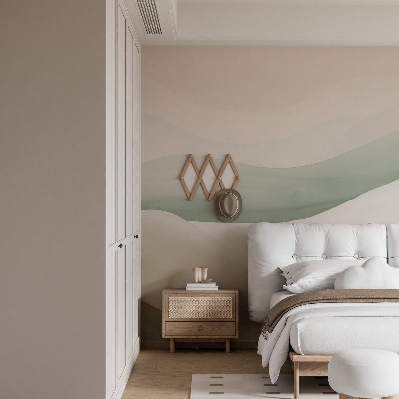 Modern dining room featuring abstract wave wallpaper in soft sage green