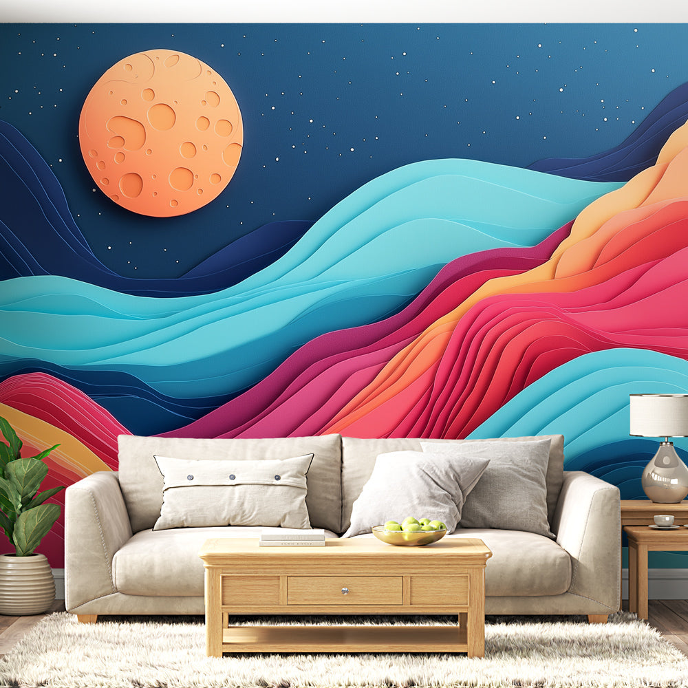 Abstract wave wallpaper with moon design creating a modern statement wall in a minimalist living room with floor-to-ceiling windows