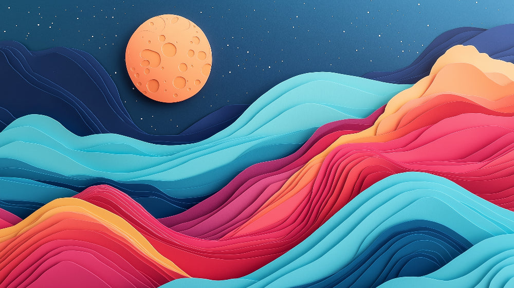Moon and waves wallpaper design file showing vibrant colors and 3D layered pattern
