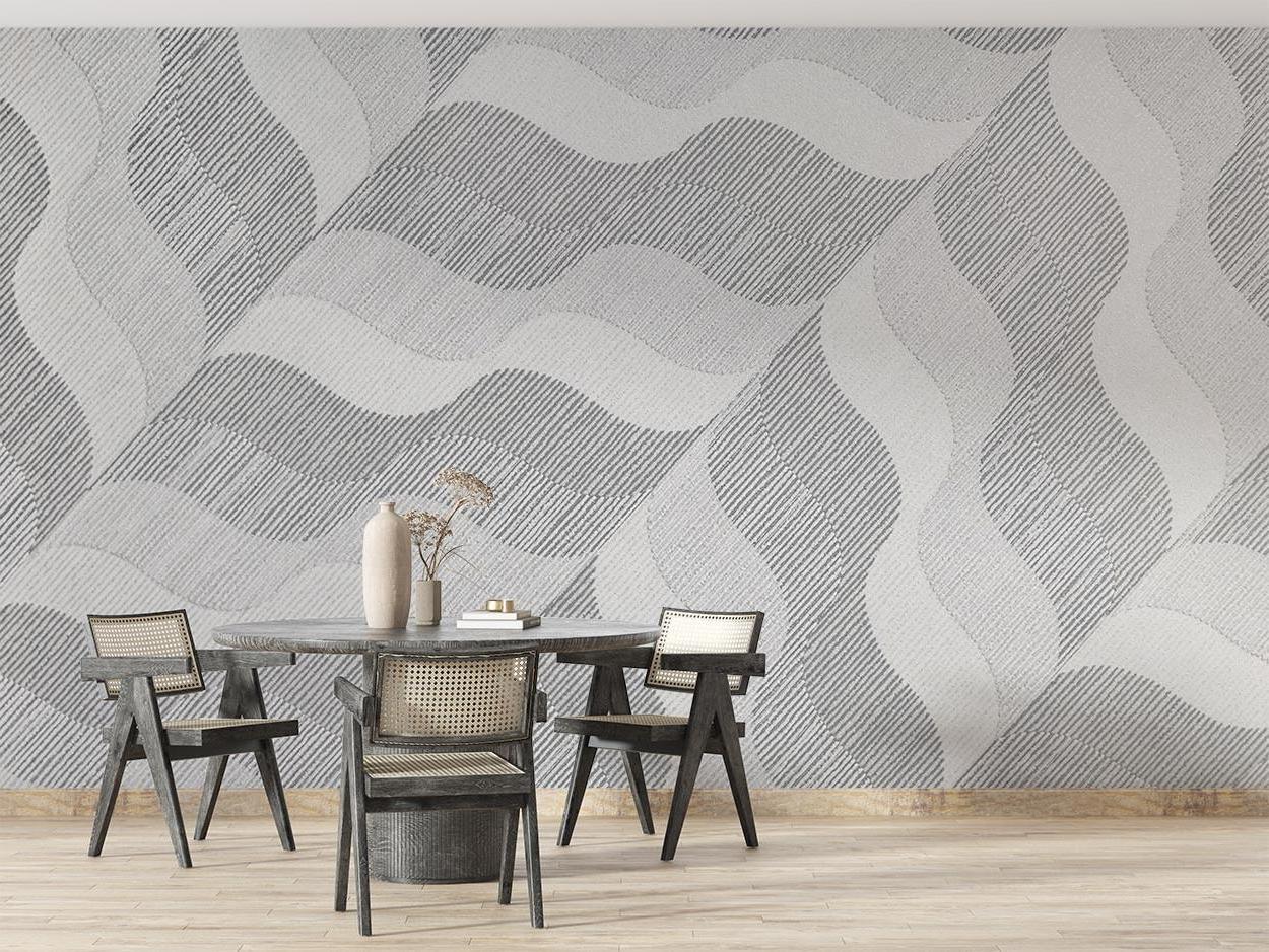 Geometric grey wall mural in home office showing flowing pattern and depth