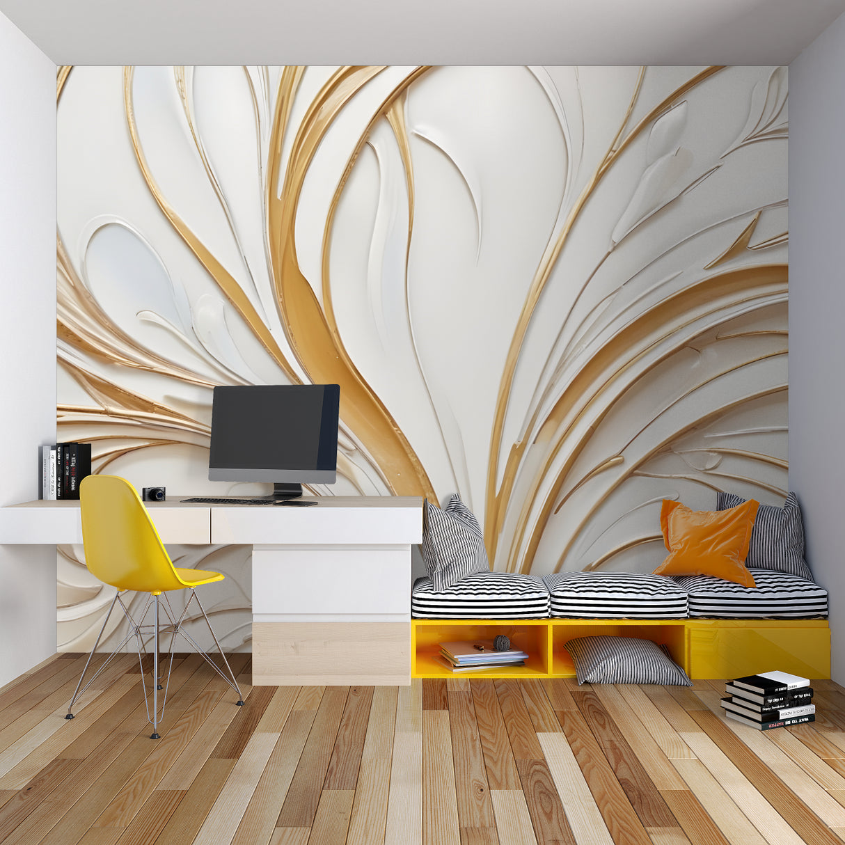 Modern living room with white and gold abstract wallpaper creating an elegant curved pattern on the feature wall