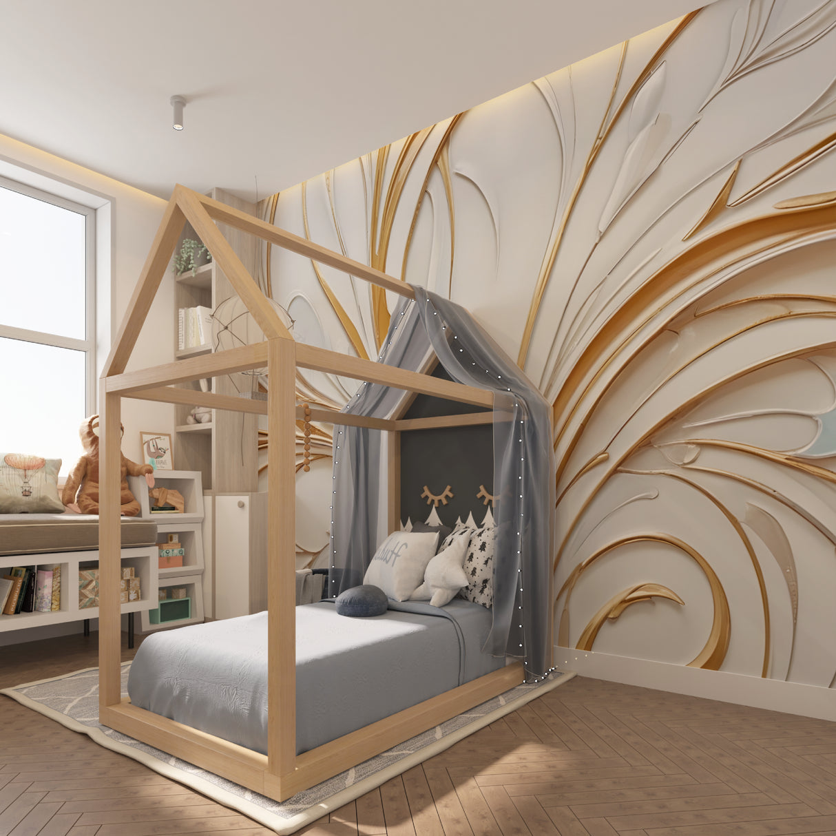 Master bedroom with flowing gold curves wallpaper catching morning light