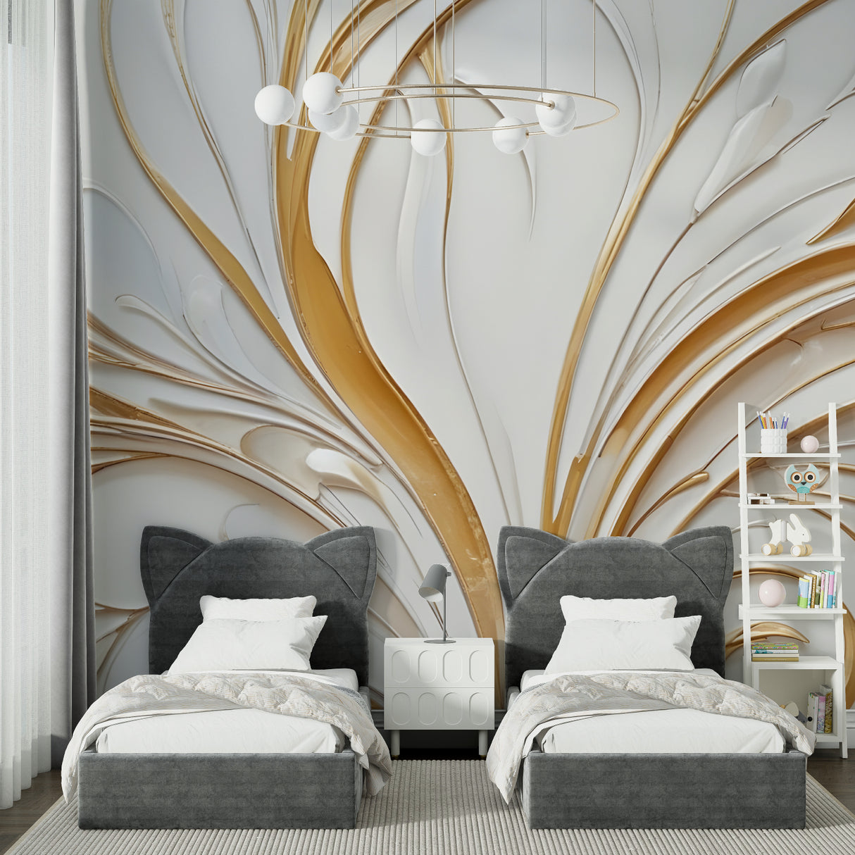 Home office featuring white abstract wallpaper with gold curved accents