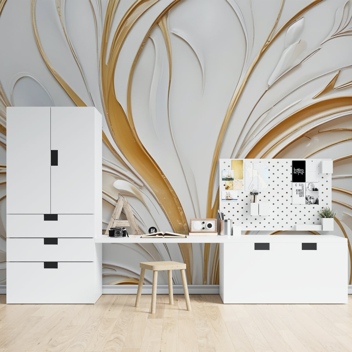 Dining room showcasing abstract gold and white curved pattern wallpaper
