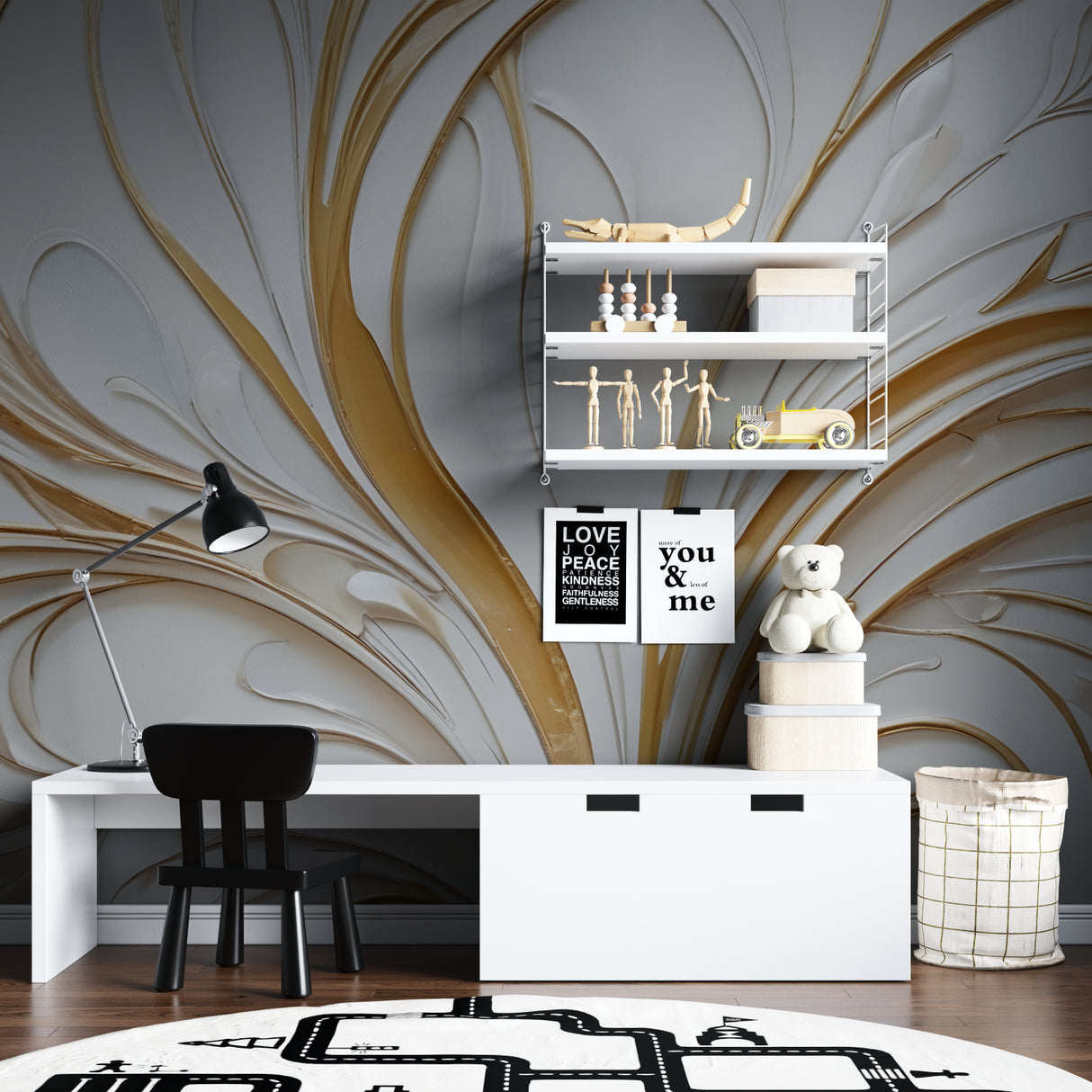 Hallway with modern abstract wallpaper in white and gold curves
