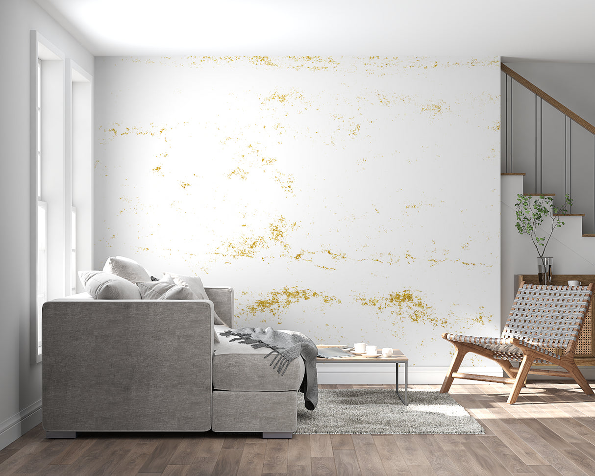 White and gold speckled wallpaper in modern living room with natural light highlighting metallic accents