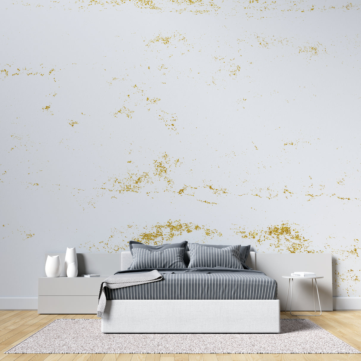 Gold speckled wallpaper adding luxury to master bedroom accent wall