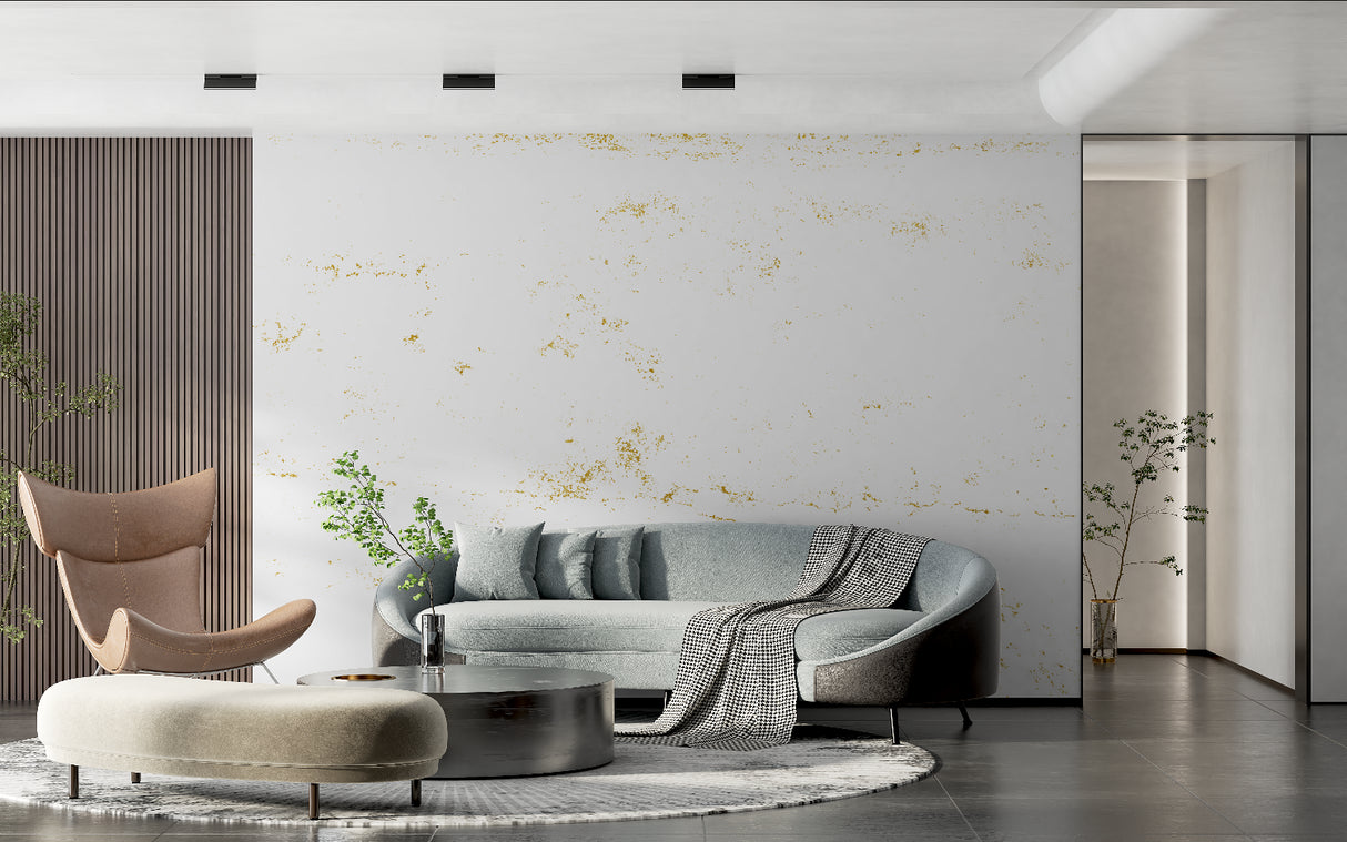 White and gold abstract wallpaper in powder room with ambient lighting